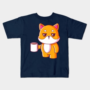 Cute shiba inu drinking coffee Kids T-Shirt